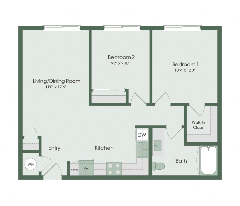 Floor plan for 2 beds, 1 bath, 828 sqft
